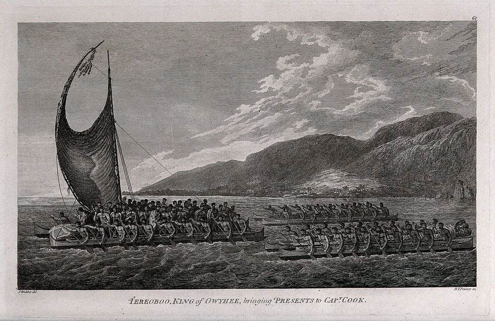 Hawaiians with King Tereoboo rowing towards Captain Cook's ships to greet Cook the day after his return to Hawaii. Engraving…