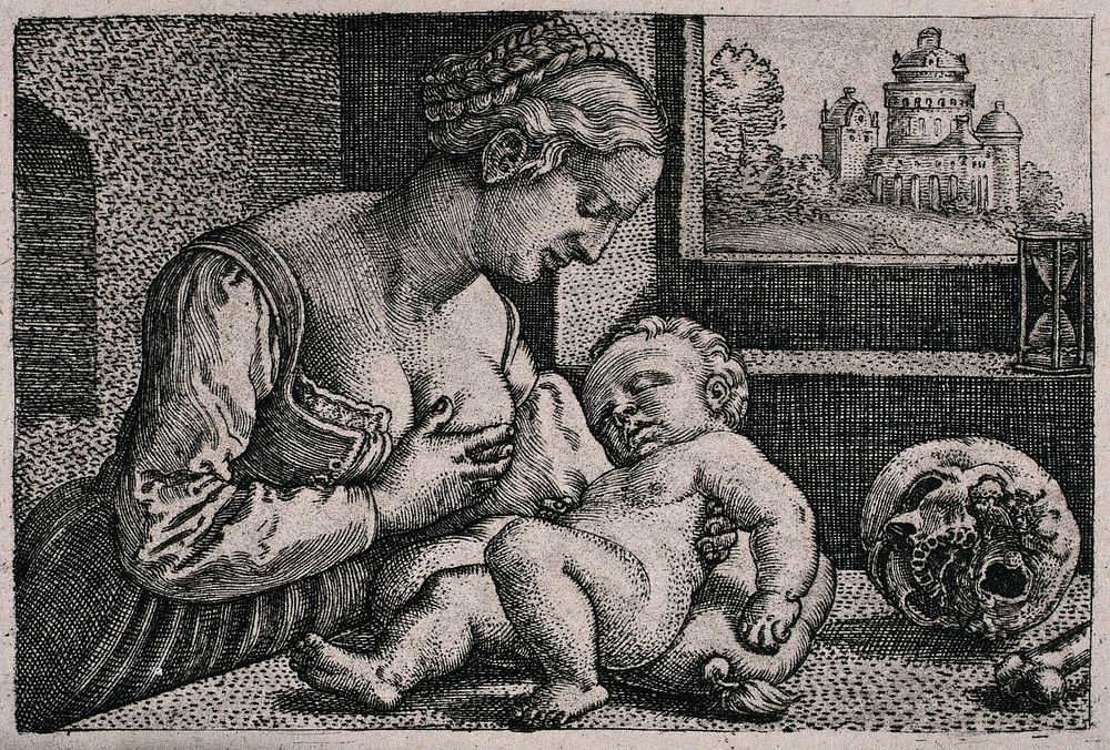A mother tries to suckle her child which appears to be dead. Heliogravure after Barthel Beham, c. 1528-30.