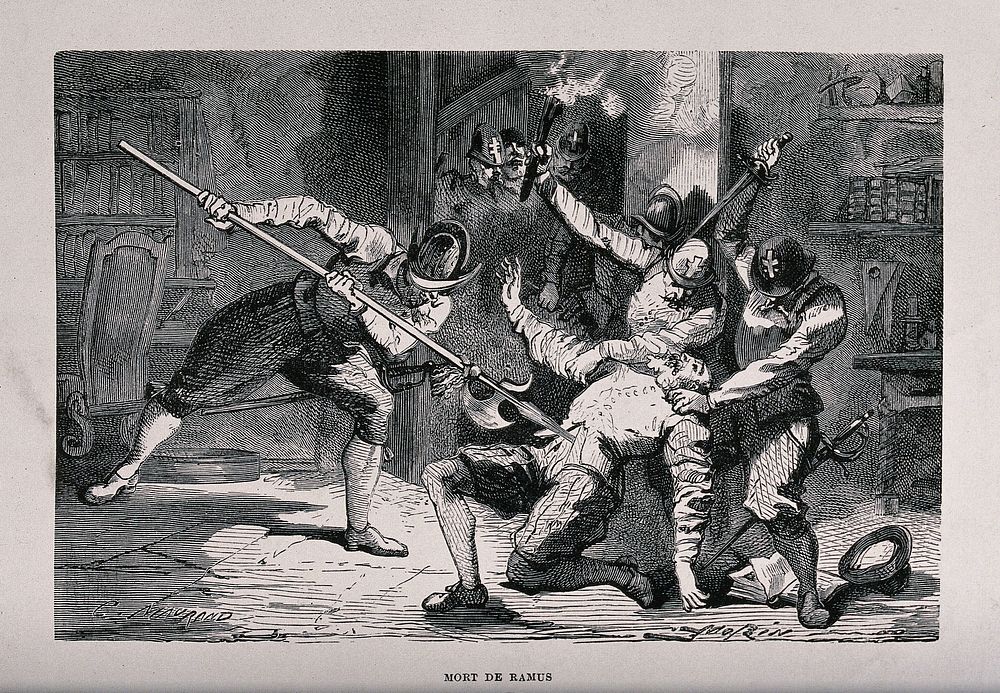 Pierre de La Ramée (Peter Ramus) is held down and stabbed by soldiers with a halberd and a sword. Wood engraving by Charles…