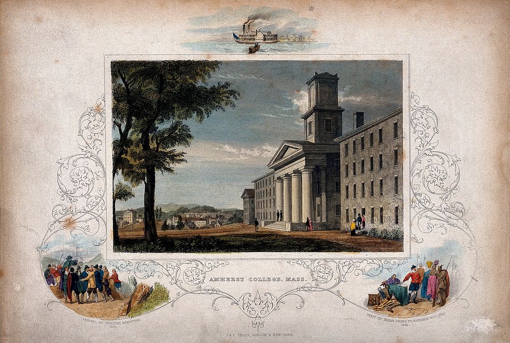 Amherst College, Massachusetts: with small historic scenes around the border. Coloured line engraving.