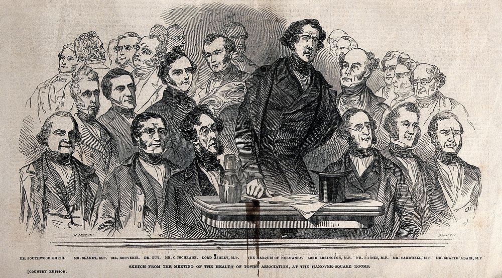 Thomas Southwood Smith speaking at a meeting of the Health of Towns Association. Wood engraving by Smyth after H. Anelay…