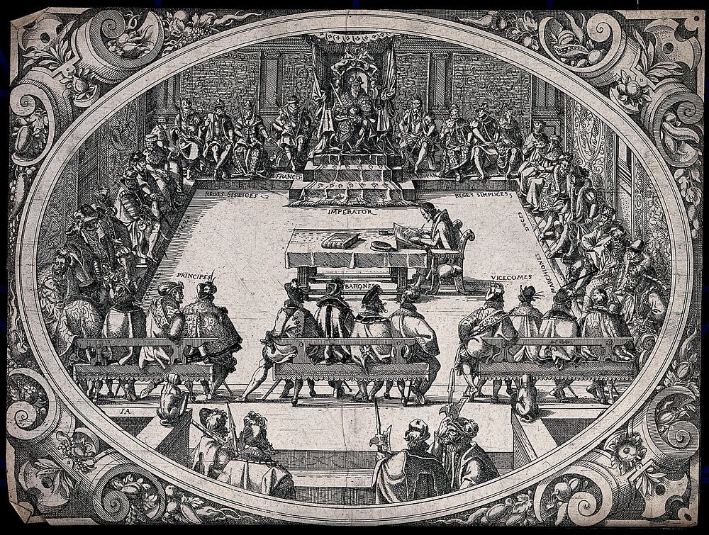 The emperor of the Holy Roman Empire in council with kings, dukes, earls and others. Etching by J. Amman, 1579.