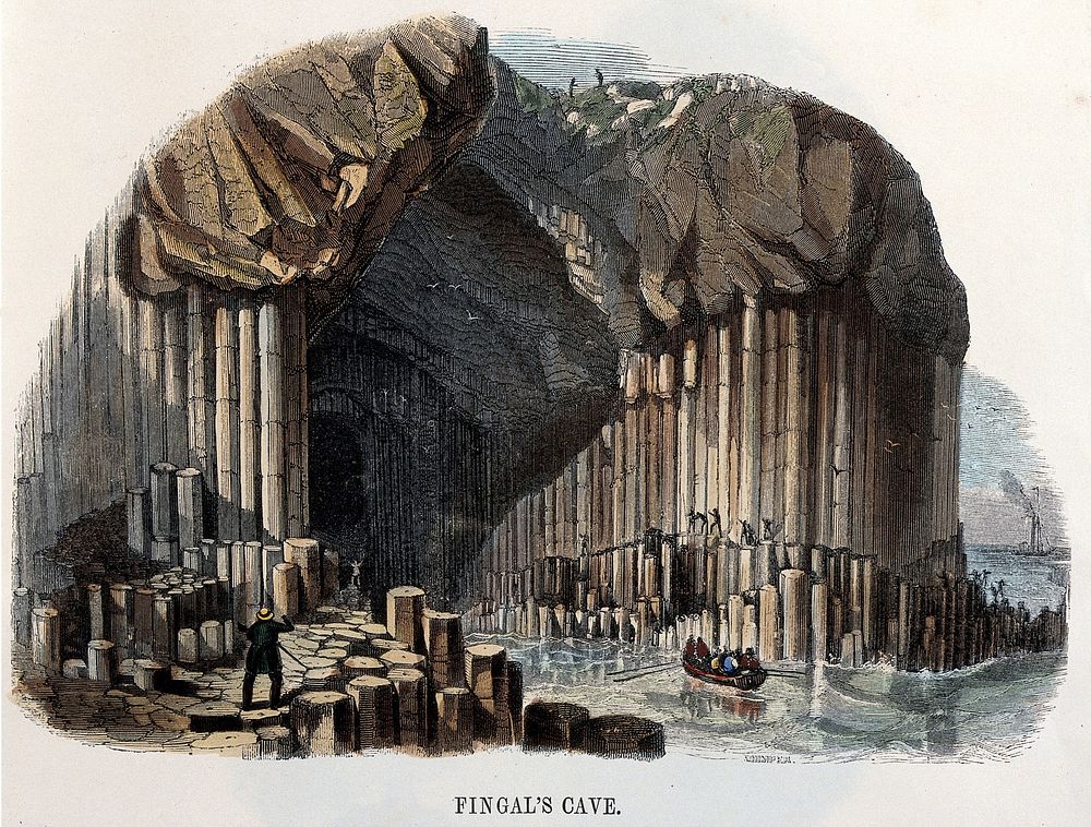 Geography: men in a rowing boat, entering Fingal's Cave. Coloured wood engraving by C. Whymper, 18--.