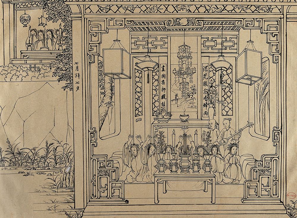 A Chinese religious ceremony with seven women kneeling on the ground. Brush drawing by Chinese artist, ca. 1850.