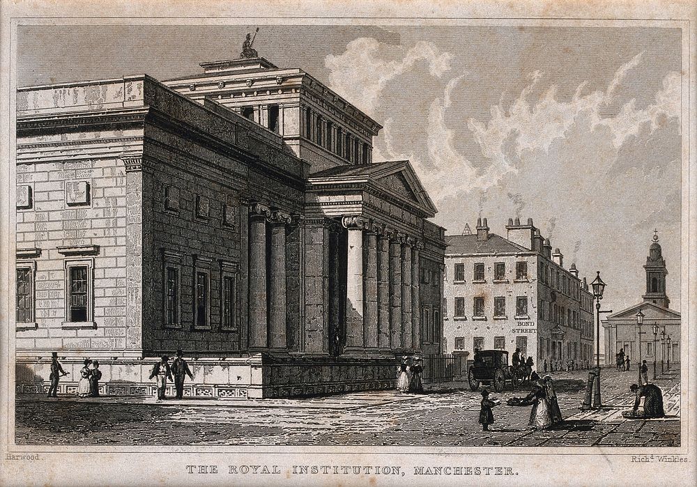 Royal Institution, Manchester, England. Line engraving by R. Winkles after Harwood.