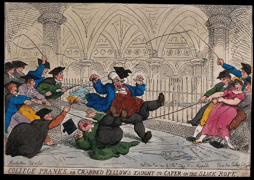 Two university teachers walking in a crypt are tripped up and assaulted by students. Coloured etching by Thomas Rowlandson…
