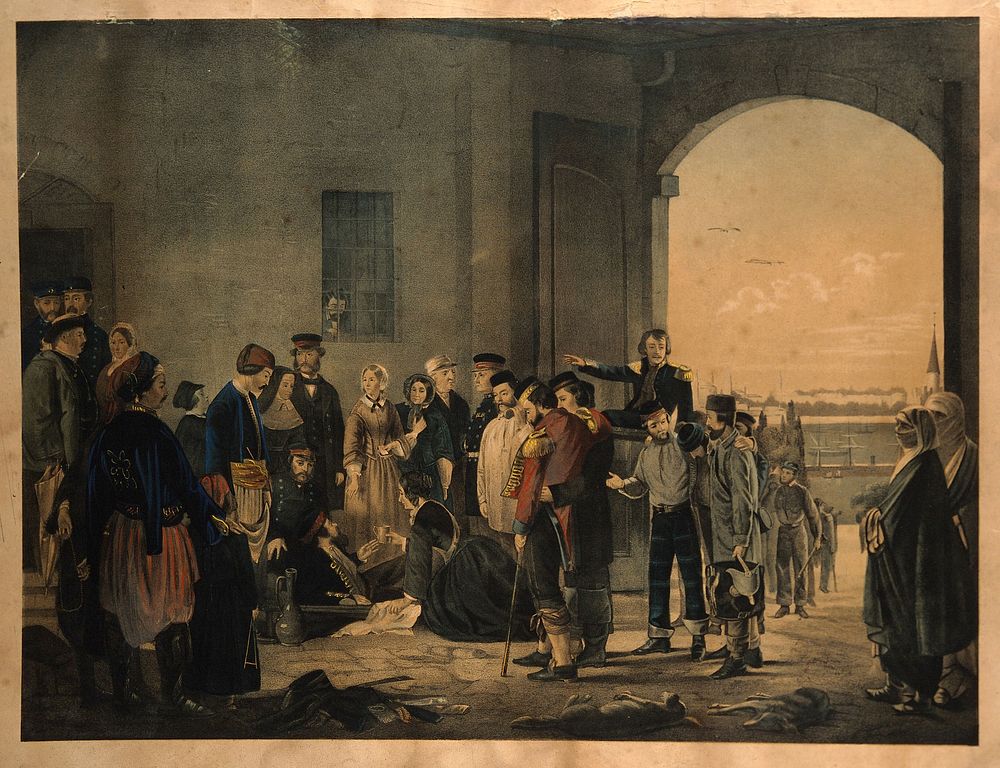 Florence Nightingale receiving wounded soldiers at Scutari Hospital. Colour lithograph after J. Barrett.