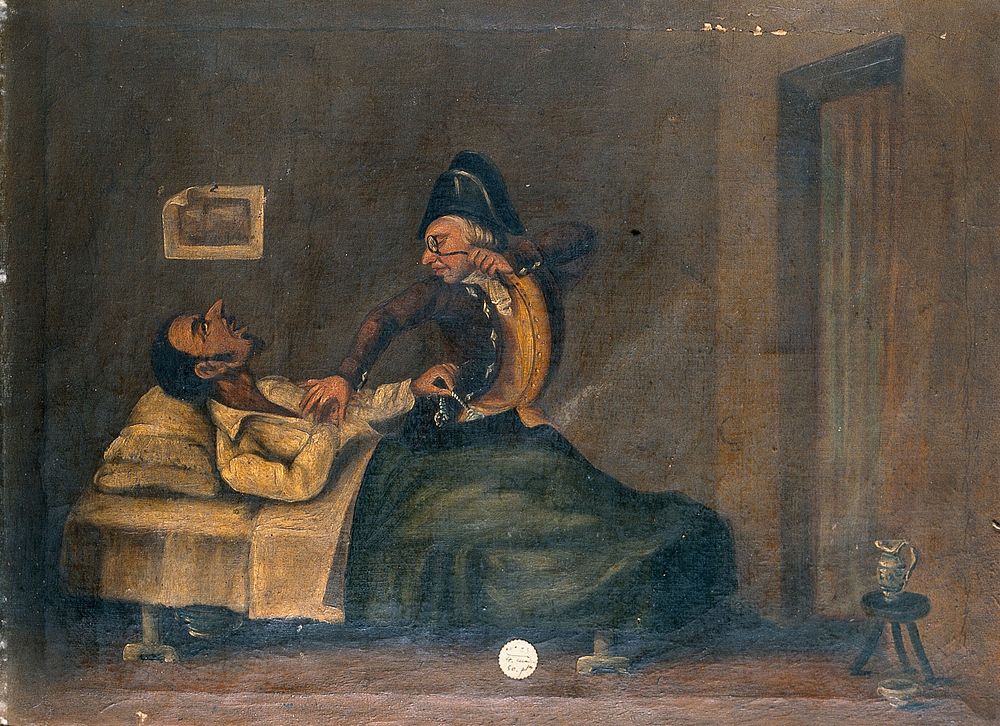 The physician takes a man's pulse while the patient steals his watch. Oil painting by a Spanish painter.