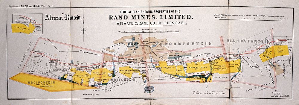 A map of Witwatersrand goldfield, South Africa, showing properties of the Rand Mines Limited. Chromolithograph after Edward…