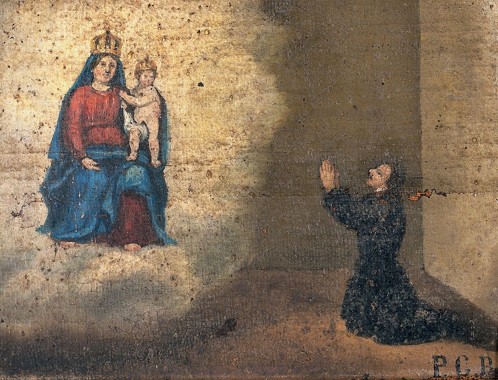 A man praying to Sansovino's Virgin and Child. Oil painting by an Italian painter.