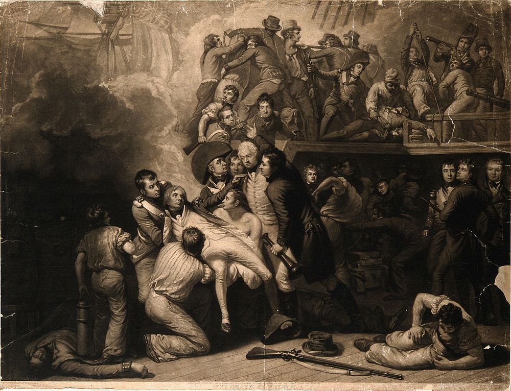 The wounding of Lord Nelson on the deck of HMS Victory at the battle of Trafalgar. Engraving by G. Clint after S. Drummond…