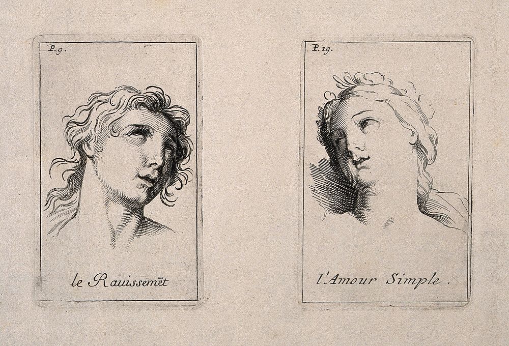 The face of a woman in ecstasy (left); a female face expressing simple love (right). Etching by B. Picart, 1713, after C. Le…