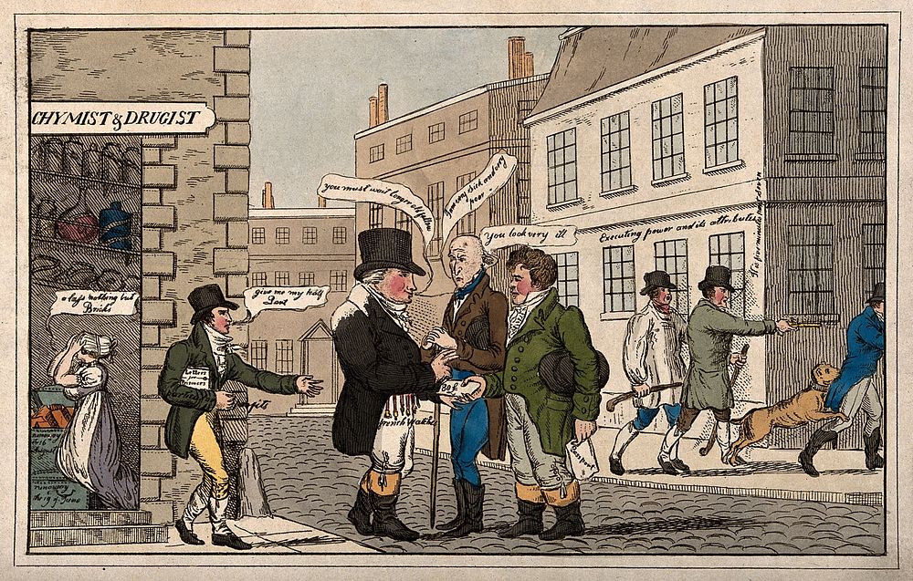 Several sinister events in a London street. Coloured etching.