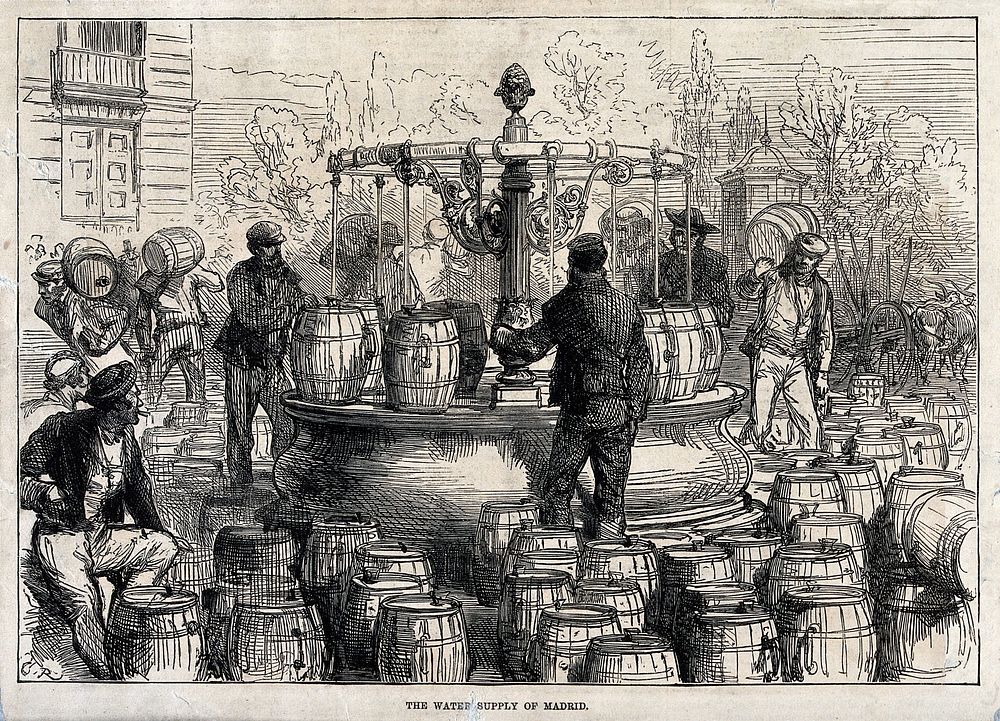 Water-sellers filling barrels with water from a water fountain in Madrid. Wood engraving by C. Roberts, 1876.