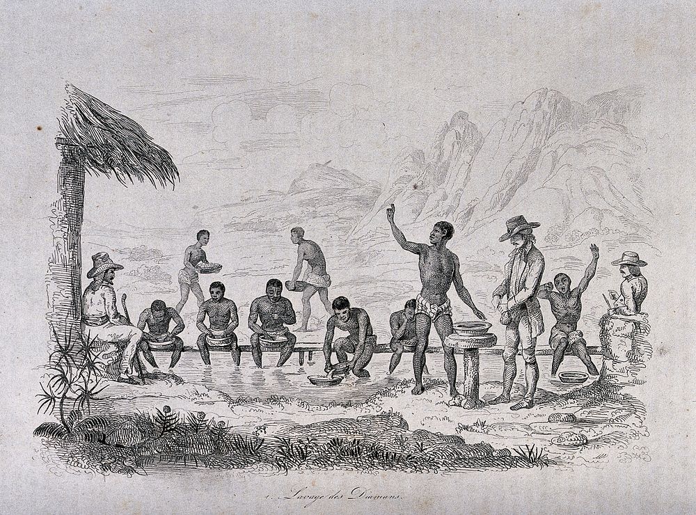 Diamantina, Minas Gerais, Brazil: workers washing for diamonds, supervised by 'feitores' (inspectors). Etching by A. Boilly…