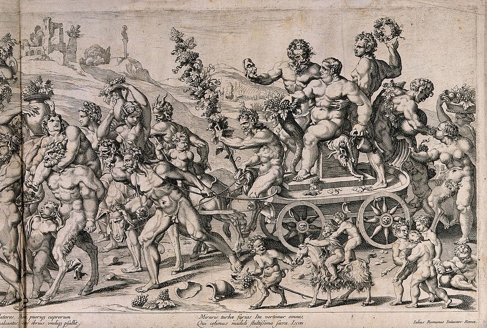 Bacchus on a chariot preceded by a drunken procession of nude men, women and satyrs all carrying grapes. Engraving, 16--…