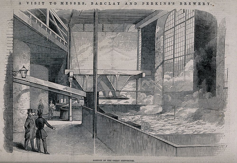 Barclay and Perkins brewery, Southwark: visitors watching beer fermenting in a large brewhouse. Wood-engraving, 1847.