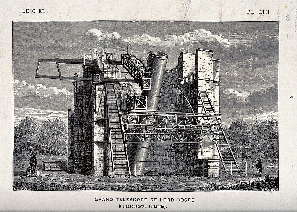 Astronomy: a large refracting telescope, at Birr Castle, Ireland. Engraving.