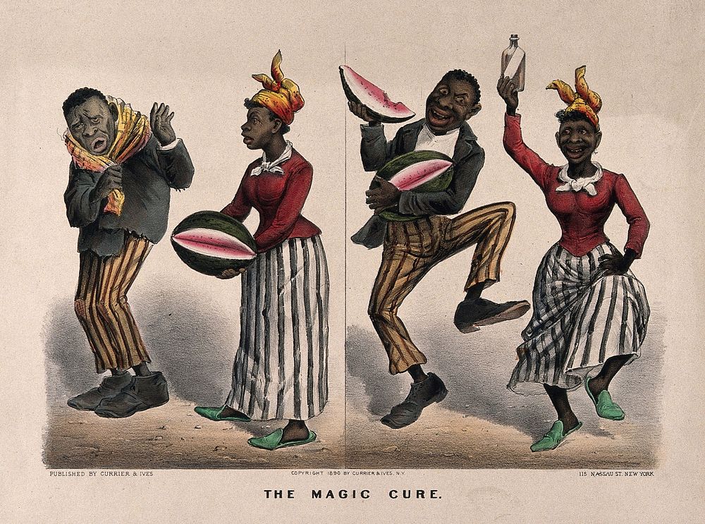A woman offers a watermelon to a sick man; he is cured and both start dancing; she holds up a medicine bottle. Coloured…