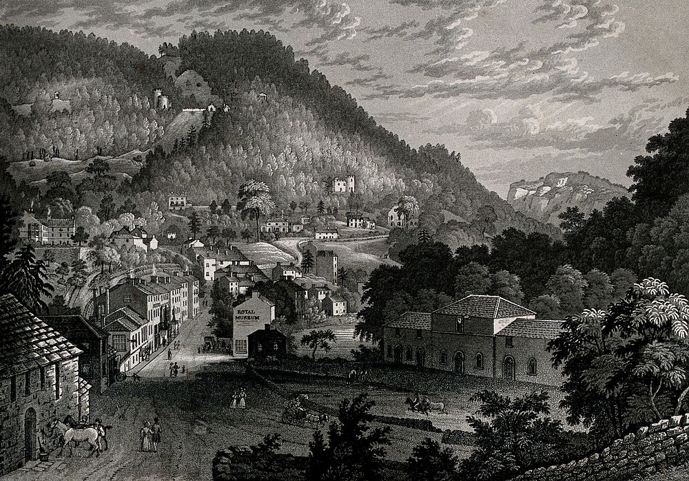 Matlock Bath, Derbyshire: from the Old Bath Terrace. Aquatint by H. Moore, 1831, after himself.