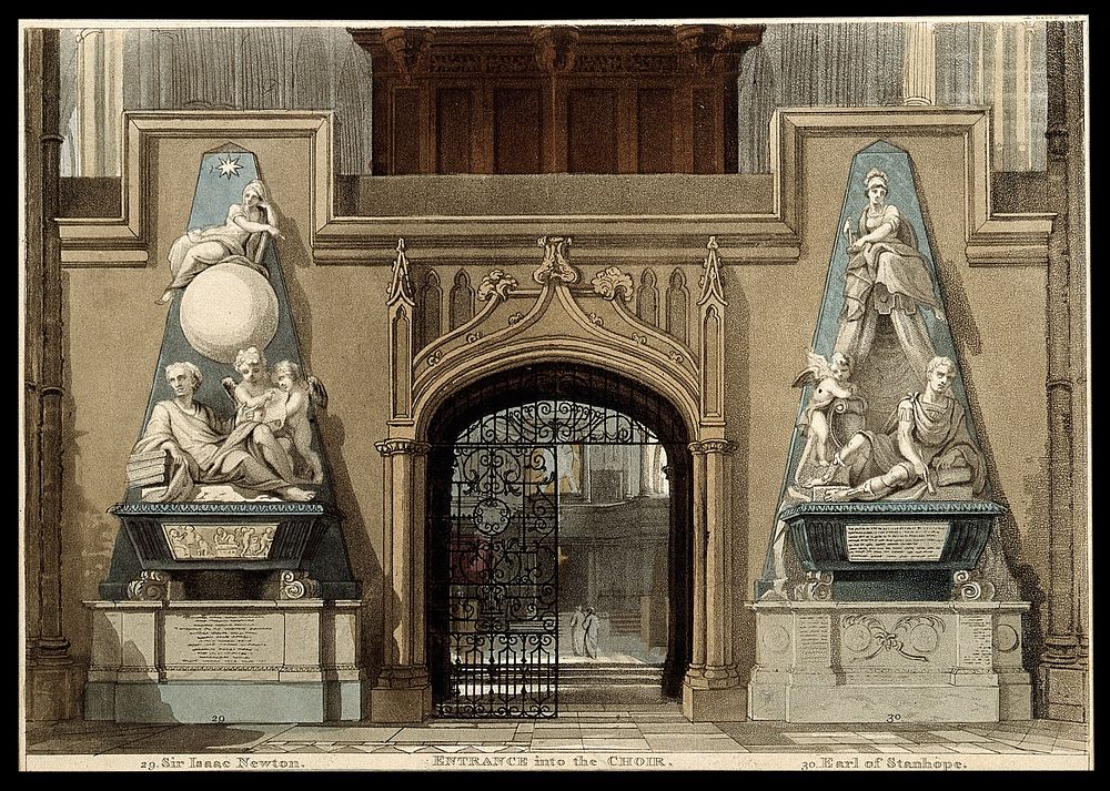 Westminster Abbey: monuments of Sir Isaac Newton and the first Earl of Stanhope. Coloured aquatint by A. Pugin and T.…