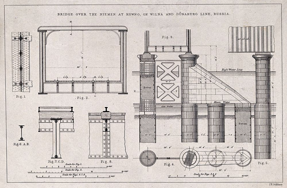 Civil engineering: railway bridges at Kaunas. Lithograph by J. R. Jobbins after F. H. Horne.