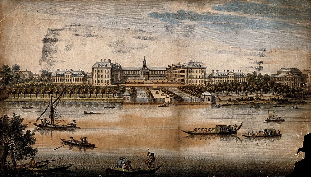 The Royal Hospital, Chelsea; and the Rotunda at Ranelagh: viewed from the Surrey bank with boats on the river. Coloured…