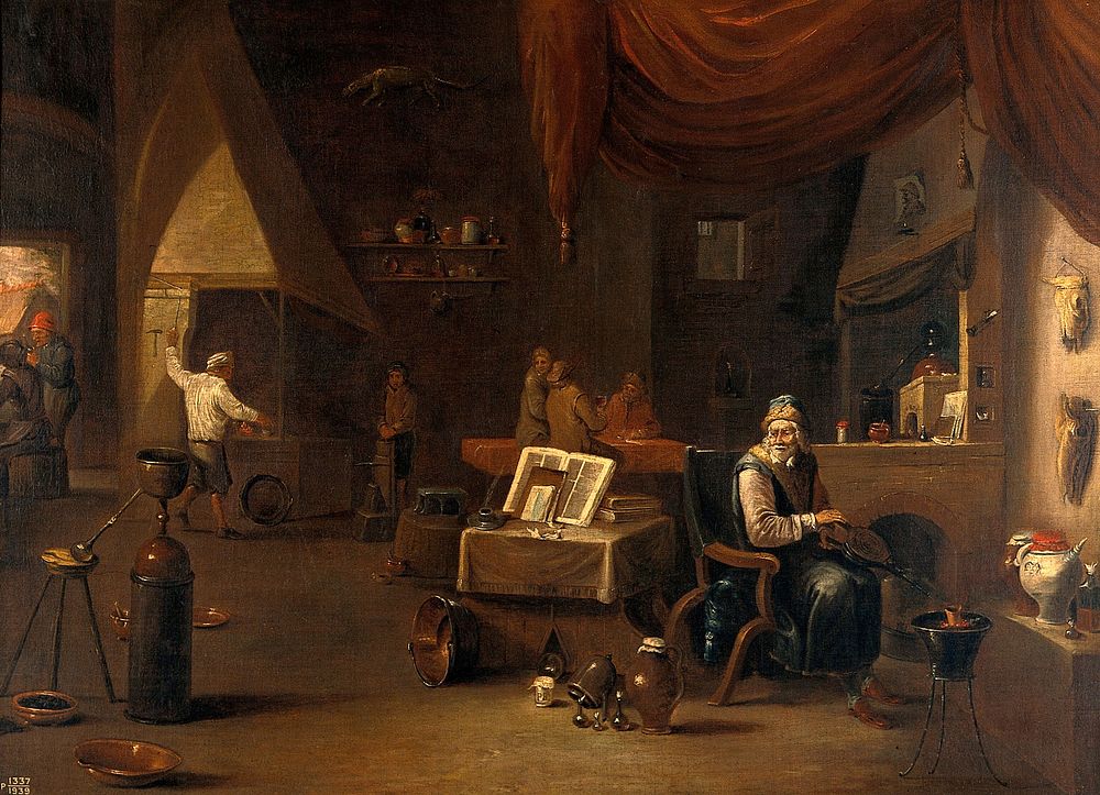 An alchemist in his laboratory. Oil painting by a follower of David Teniers II.
