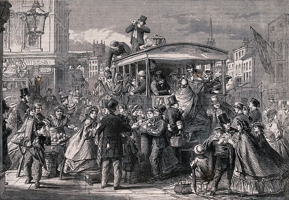 Many people are riding on and crowding around a large horse-drawn carriage. Wood engraving by M. Jackson, 1862, after A.…