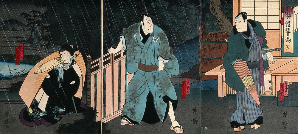 Actors in a confrontation before a gate in the rain. Colour woodcut by Yoshitaki, early 1860s.