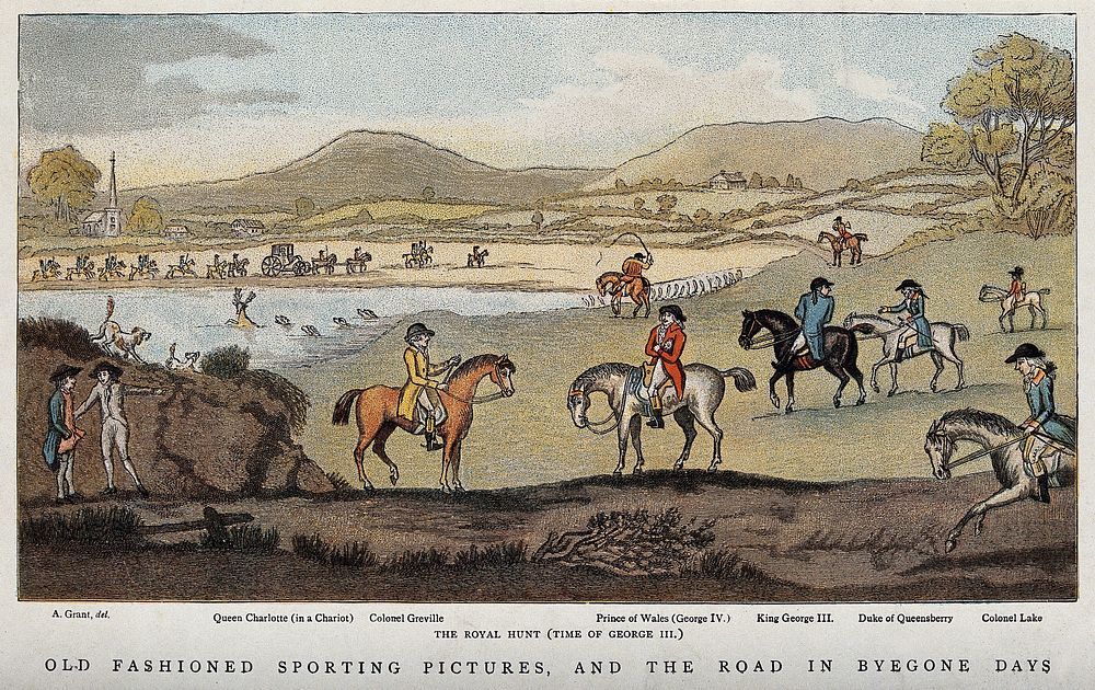 A deer-hunting party following their hounds to a river into which they have chased a stag. Chromolithograph after A. Grant.