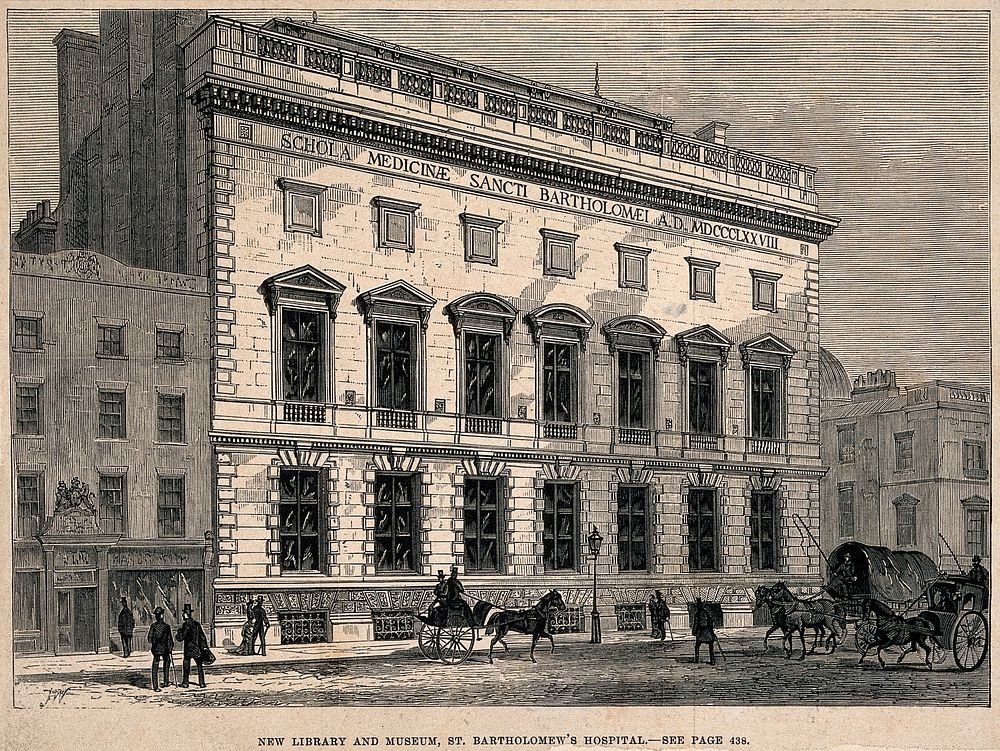 St Bartholomew's Hospital, London: the library, seen from Giltspur Street. Wood engraving, 1879, after [J.W.].