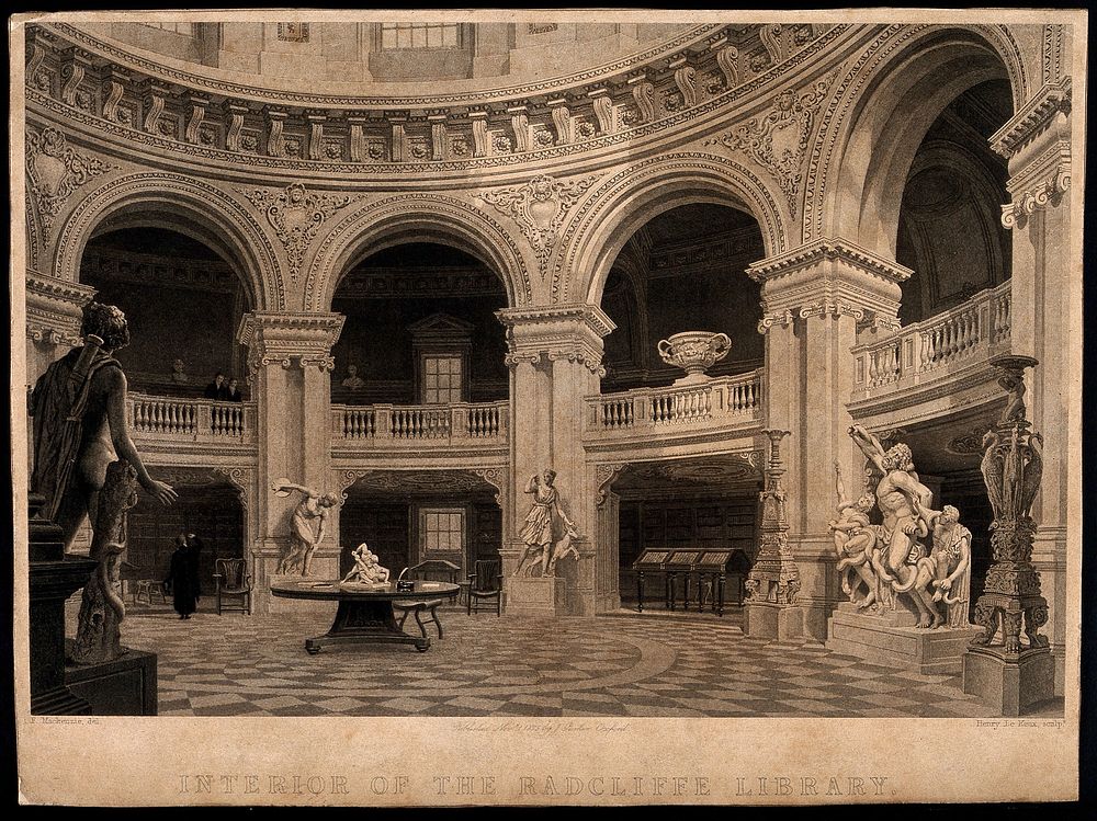 Radcliffe Camera, Oxford: interior showing classical scupltures and study areas. Line engraving by H. Le Keux, 1835, after…