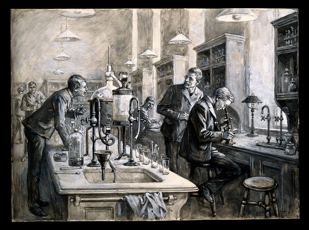 Sir Ronald Ross, C.S. Sherrington, and R.W. Boyce in a laboratory at the Liverpool School of Tropical Medicine. Gouache by…