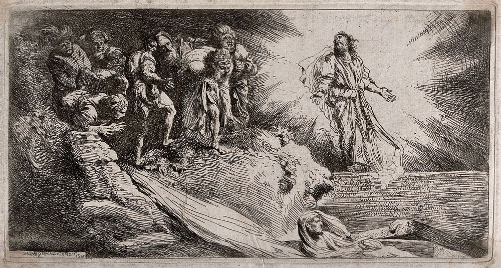 Christ raises Lazarus from his tomb. Etching by S. Castiglione, 1645.