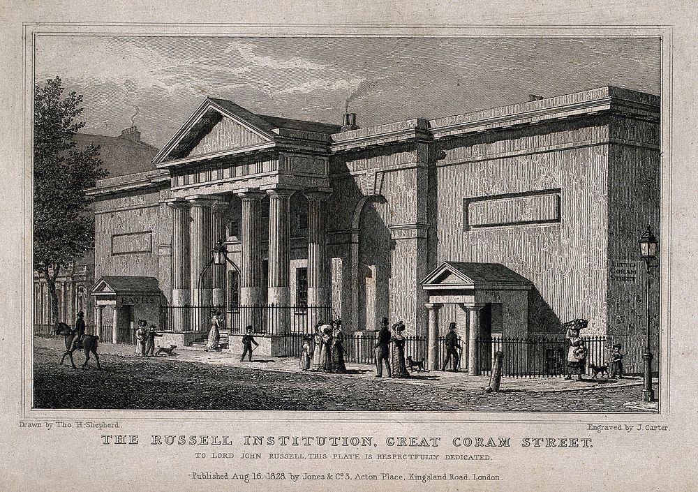 Russell Institution, Great Coram Street, London: the facade, with passers-by. Engraving by J. Carter after T. H. Shepherd…