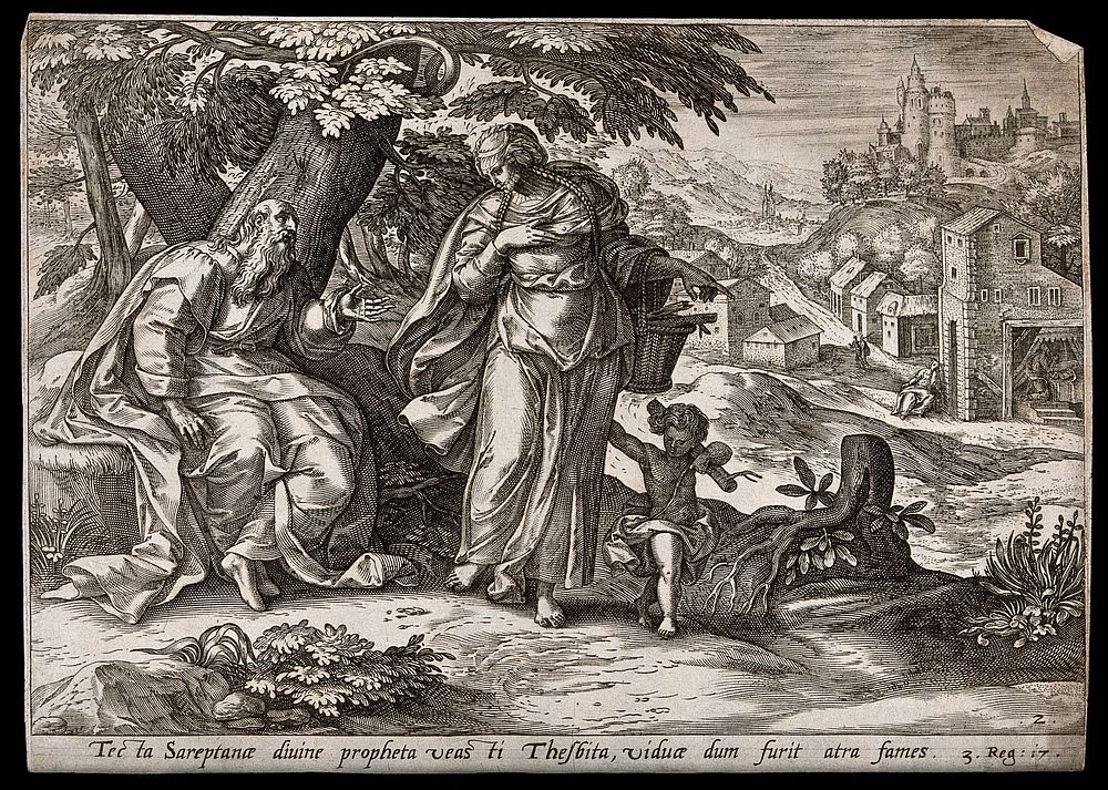 The widow of Zarephath seeks assistance from the prophet Elijah; her son has fallen into a coma. Engraving, c. 17th century.