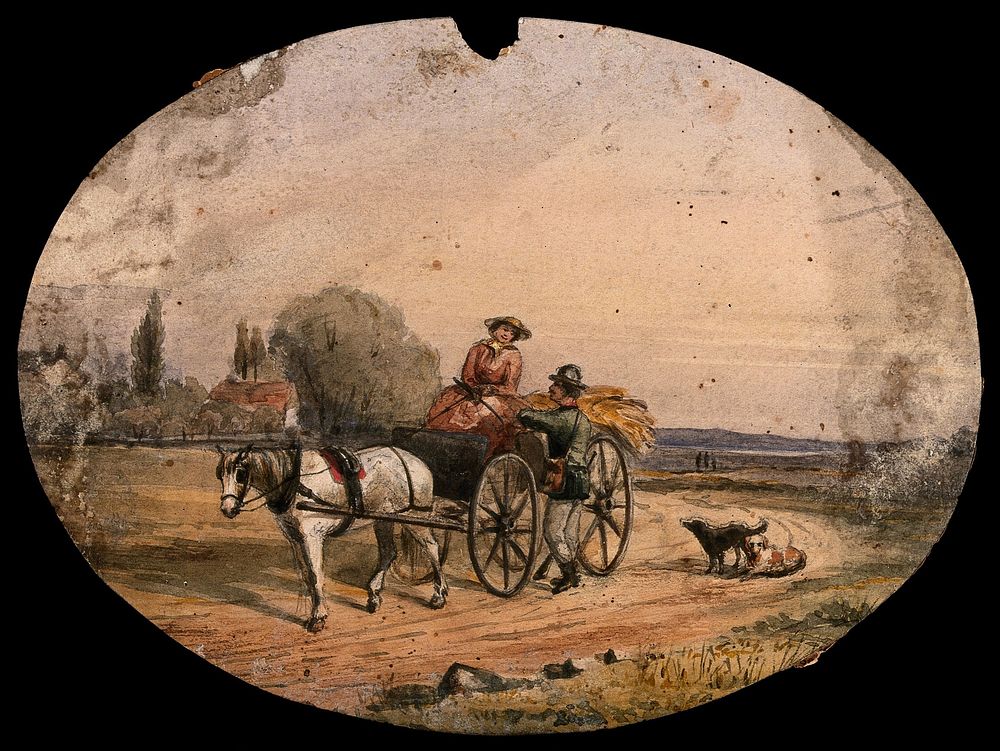 A woman driving a horse-drawn cart loaded with hay has stopped on the road to speak to a man with dogs. Watercolour.