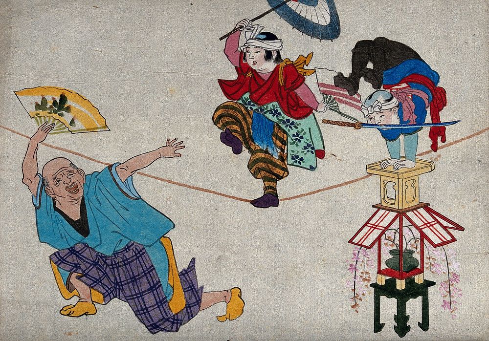 A tightrope walker and two other acrobats. Colour woodcut, 18--.