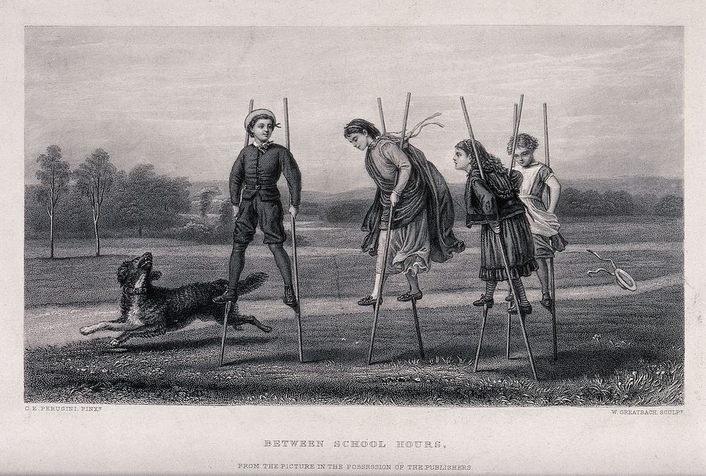 Four children play on stilts in the park as a dog runs beside them. Engraving by W. Greatbach after C.E. Perugini.