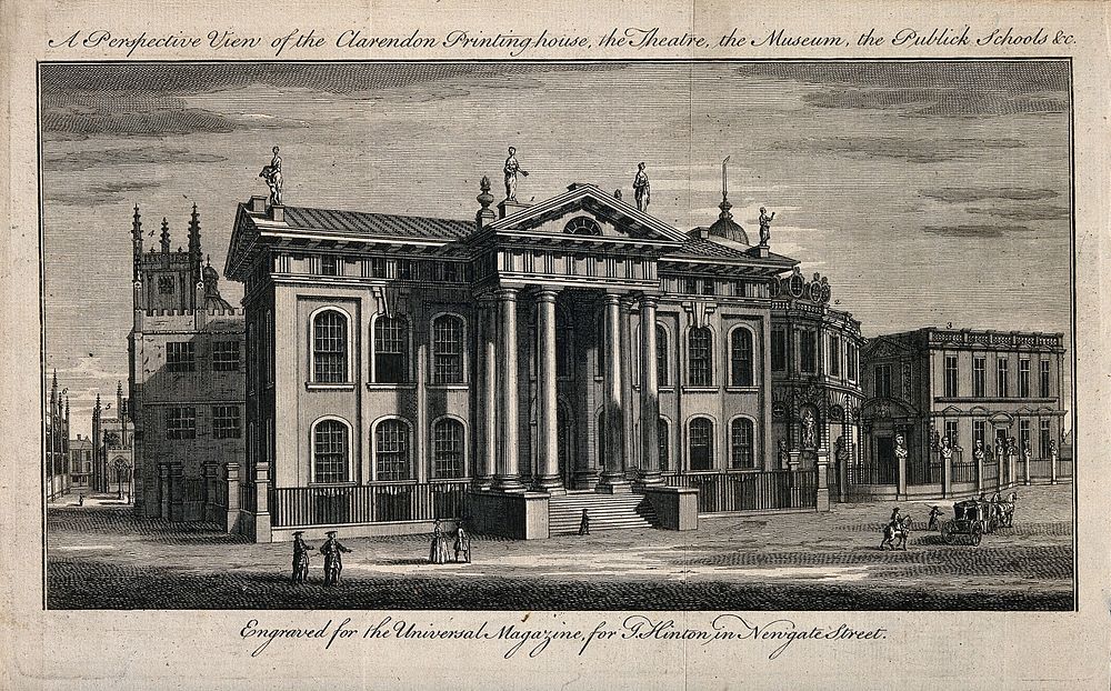 Clarendon Building, Oxford: panoramic view with the Bodleian Library and Sheldonian Theatre. Line engraving.
