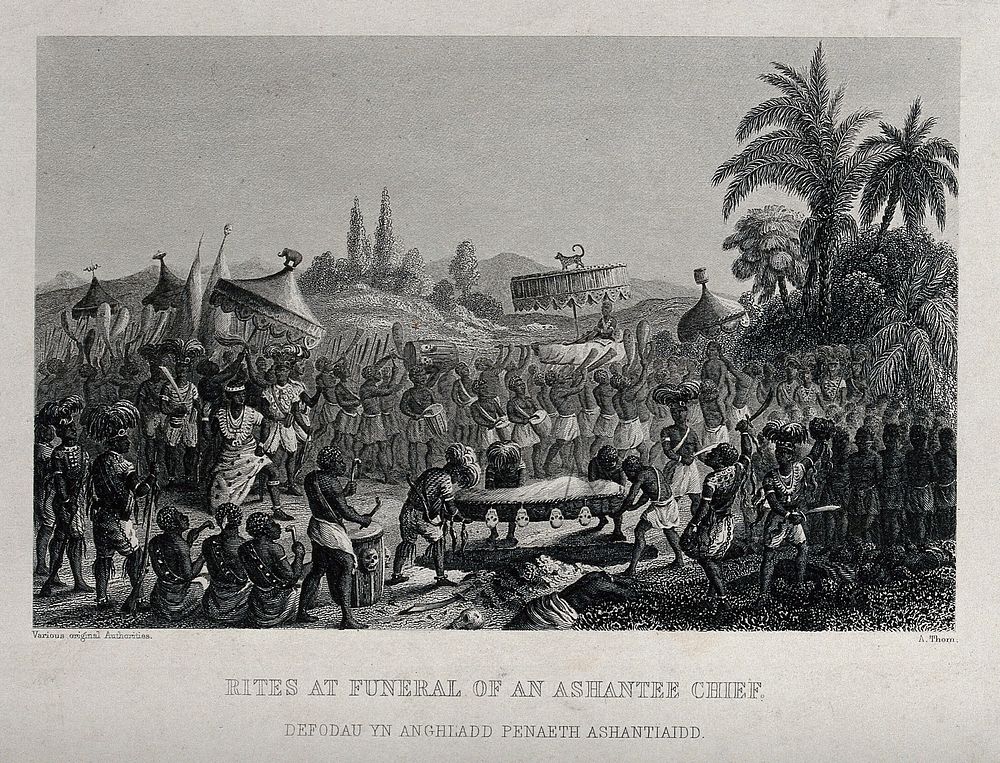 The funeral of an Ashanti chief. Engraving by A. Thom, 1858.