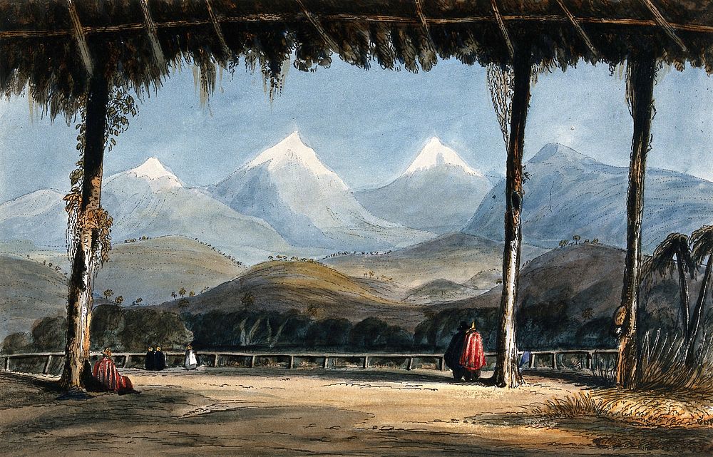 Colombia: a covered passage providing a prospect of the Cordillera mountains across a ravine. Coloured etching by C. Empson…