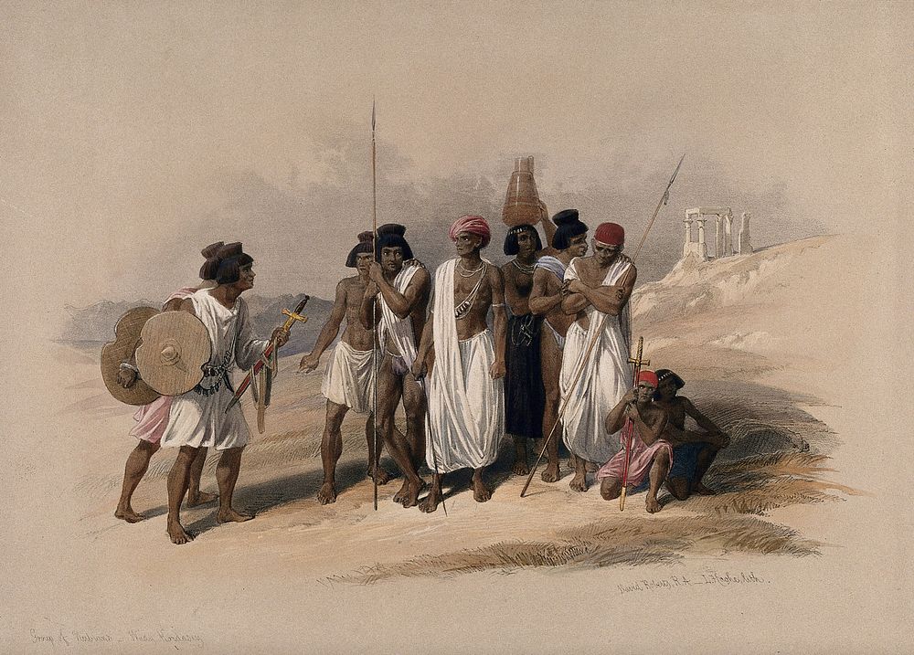 Group of Nubians with weapons, Egypt. Coloured lithograph by Louis Haghe after David Roberts, 1849.