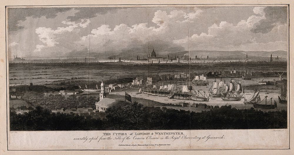 Greenwich, with London in the distance. Engraving by J. Tomlinson, 1809, after E. Pugh, 1804.