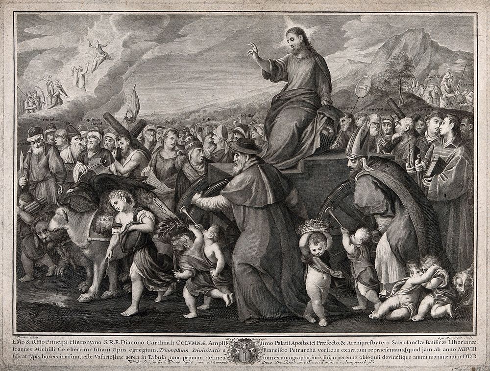 Christ on a triumphal chariot with saints, martyrs, sibyls and other figures; representing the triumph of faith . Engraving…