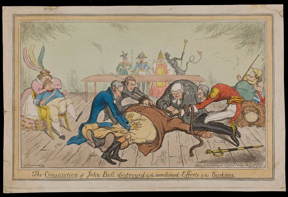 Burdett, Peel, O'Connell and Wellington in the roles of the body-snatchers Burke and Hare, suffocating John Bull with a…