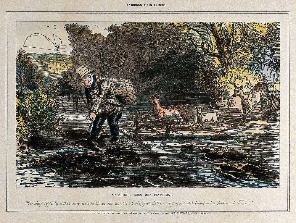 A man is standing in the middle of a lake tangled up with a fishing rod, lines and a net, deer come from the bushes to see…
