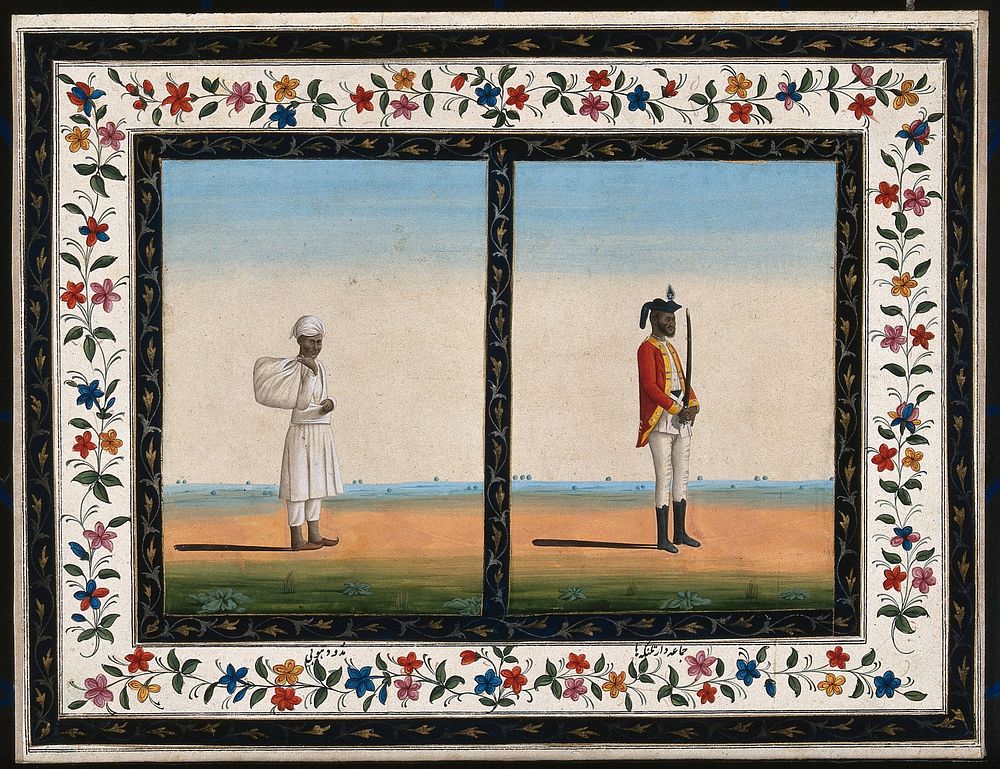 Left, a dhobi (washer man)  holding a bundle tied in cloth; right, a sepoy (soldier) holding a sword. Gouache painting by an…