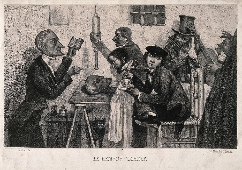 A motley crew surround a dead man who is being administered a late enema. Lithograph by Lemoine, c. 1900.